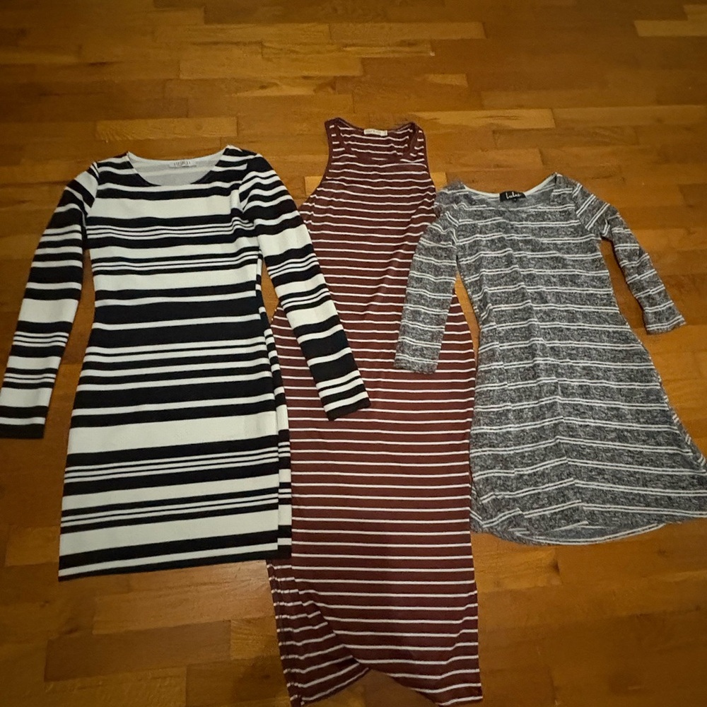 Striped Dress Lot—Black/White, Maroon/White, and Gray/White